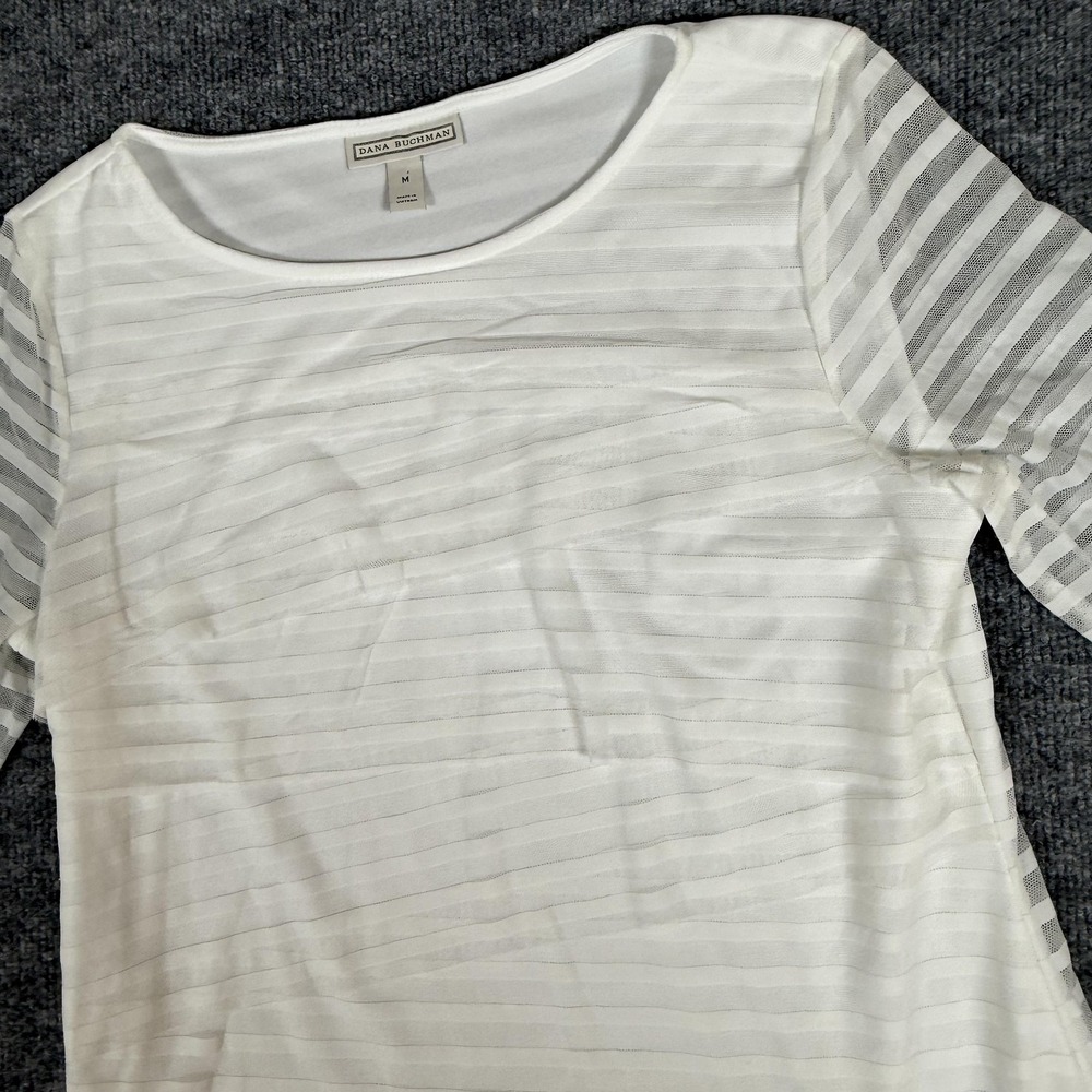 Dana Buchman Shirt Womens Medium White Sheer Stripe 3/4 Sleeve Stretch Lined Top